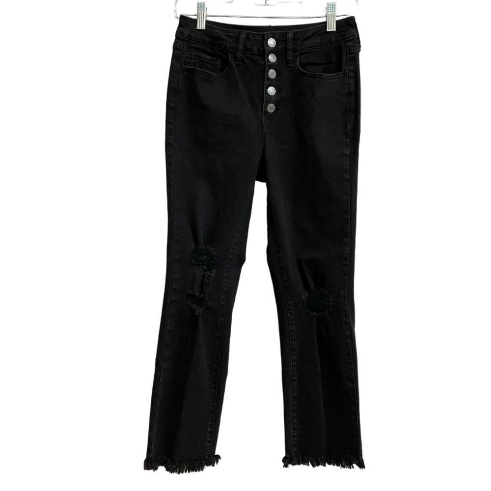 SO High Rise Straight Leg Black Jeans Size 5 Distressed Raw Hem Grunge Goth